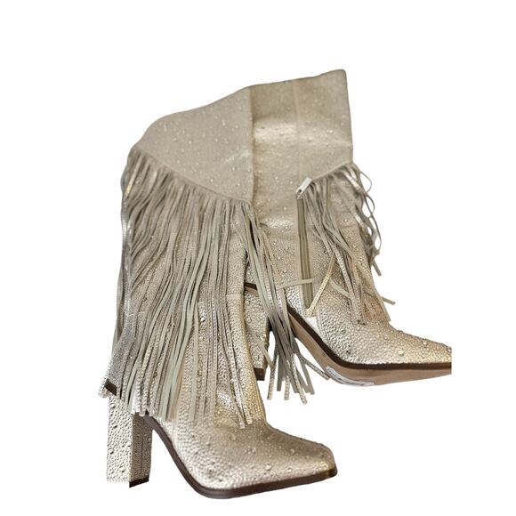 Jessica Simpson Asire2 Champagne Fringed Western Heeled Rhinestone Boots Size 7 - Picture 2 of 9